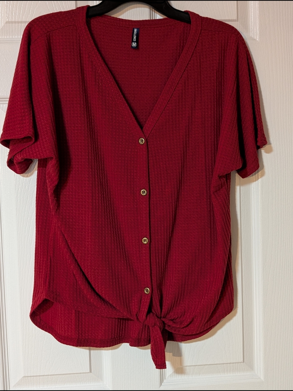 Tie-Hem Button Front Blouse in Burgundy Red